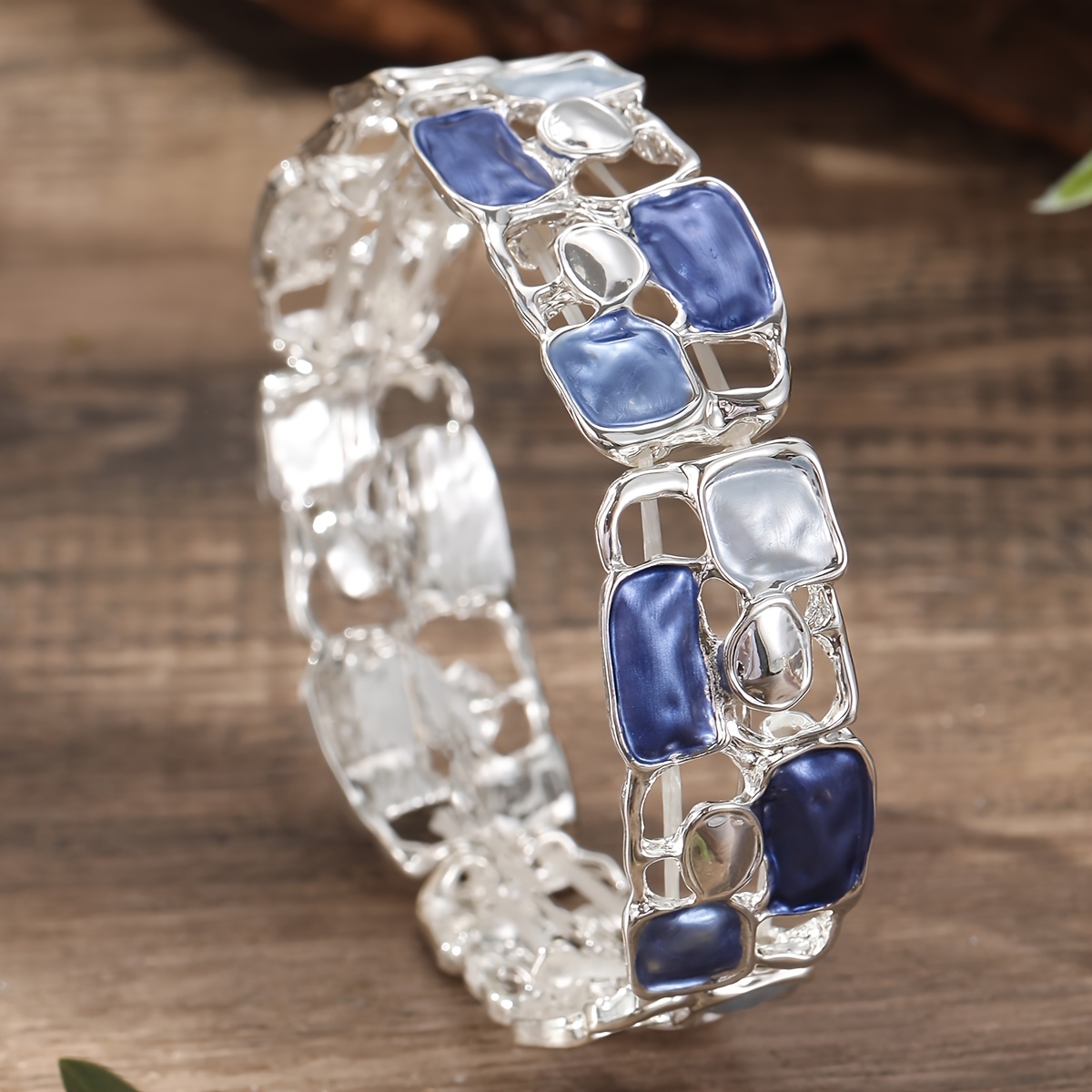 KAMILLE Vintage Silver Plated Geometric Enamel Stretch Bracelet